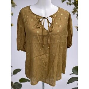 Harve Bernard Women's Mustard Gold Polka Dost Puff Sleeve  Blouse Summer Size XL